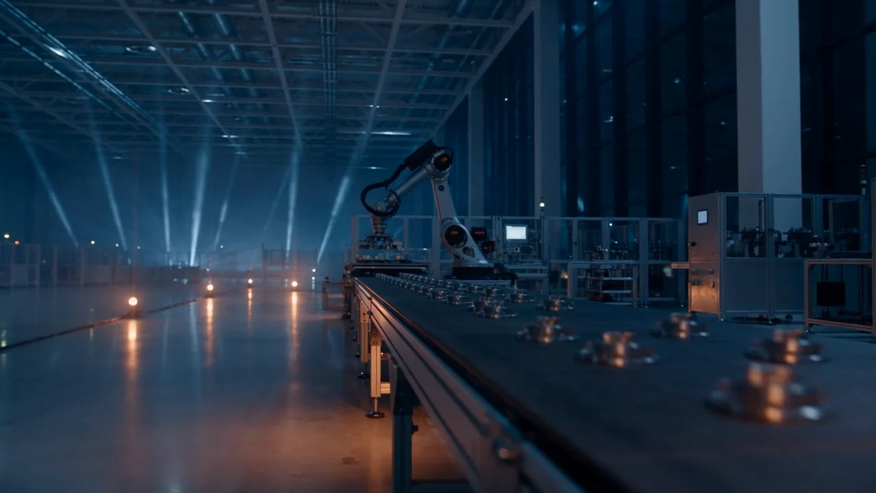 Production line with an industrial robot in a hall at night.