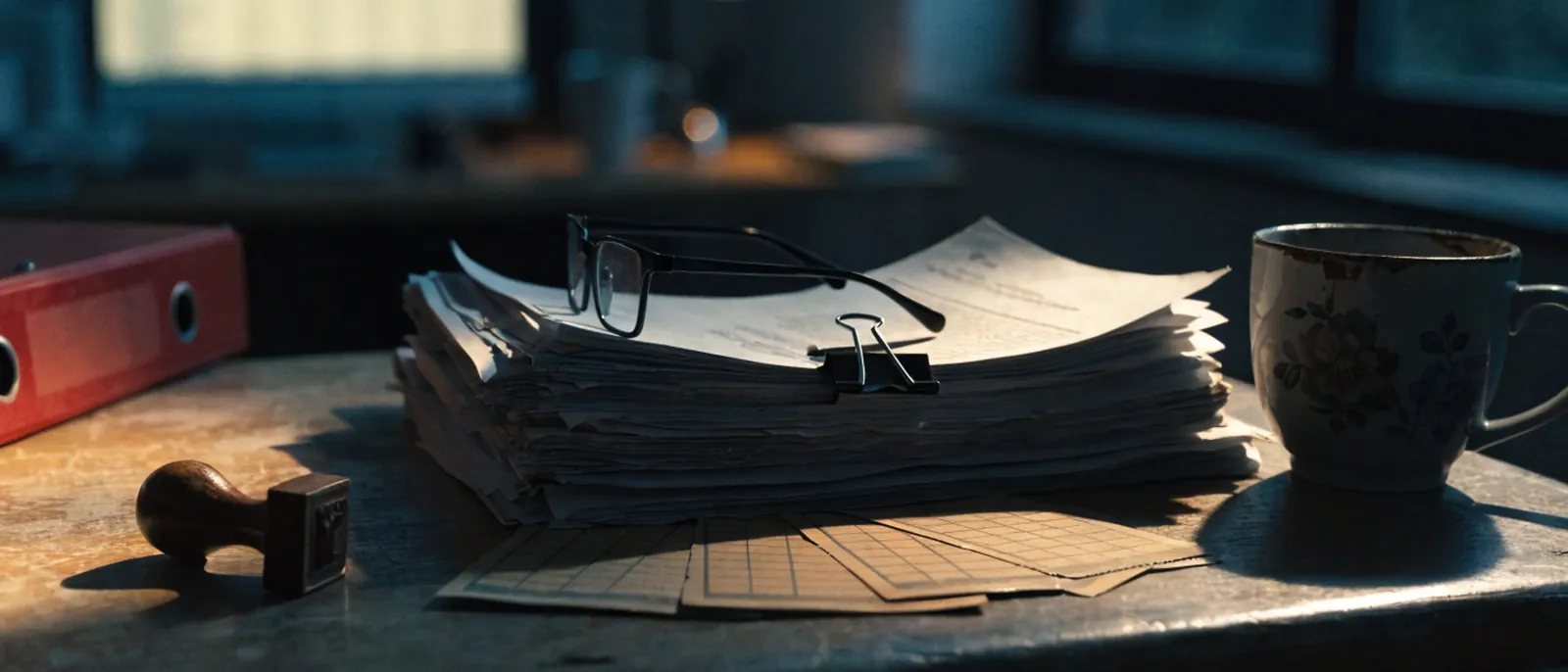 Biurko z laptopem i wydrukiem zestawienia, obok kubek.