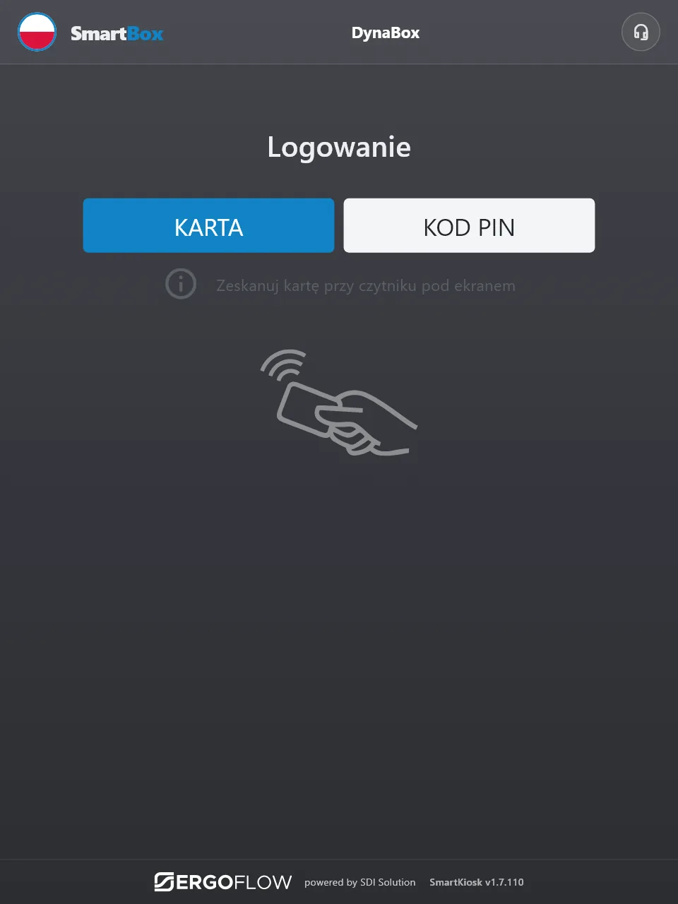 Ekran kiosku SmartBox: Logowanie — zeskanuj kartę przy czytniku pod ekranem.