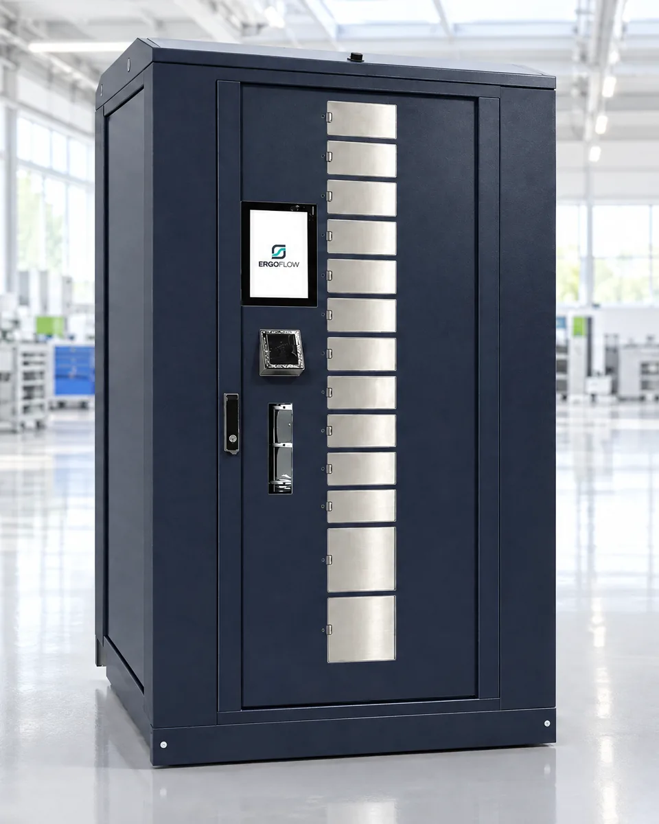 Automat bębnowy DynaBox w jasnej hali produkcyjnej: granatowa obudowa, kolumna trzynastu stalowych klap, ekran dotykowy i czytnik kart.