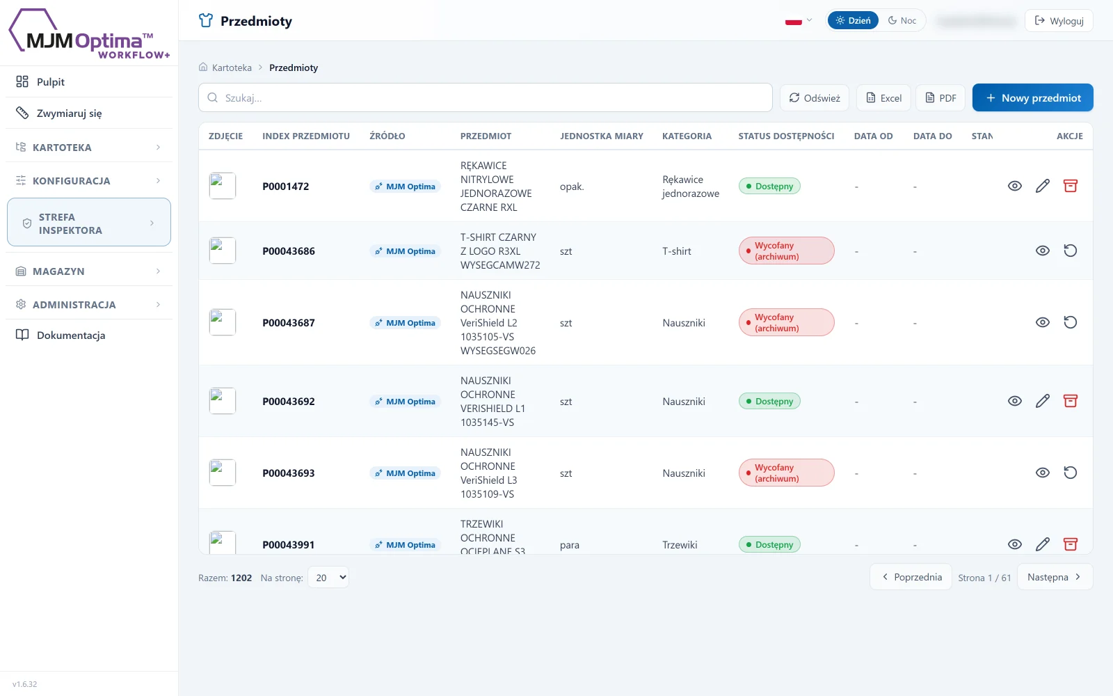 Zrzut z Workflow+: kartoteka przedmiotów z indeksami i źródłem MJM Optima.