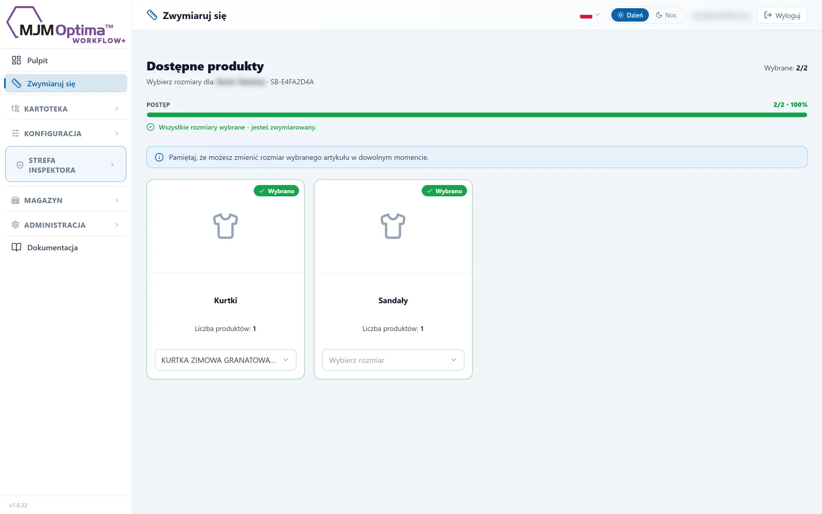 Zrzut z Workflow+: ekran „Zwymiaruj się" z kaflami kategorii odzieży i postępem 2/2.