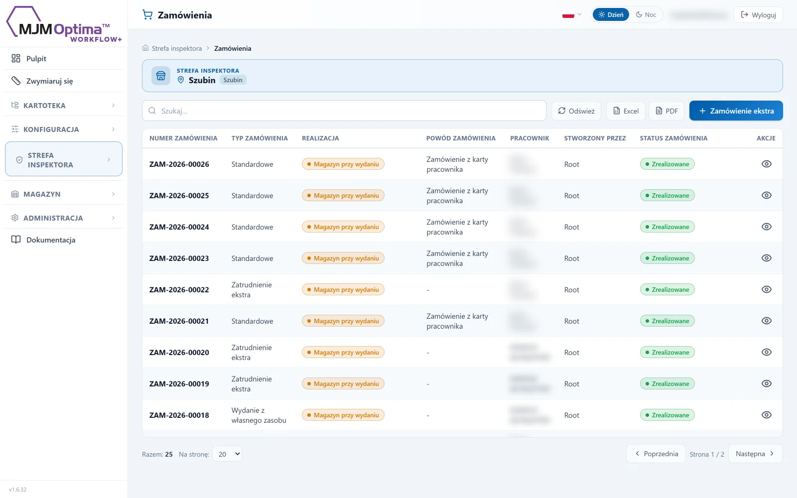 Zrzut z Workflow+: lista zamówień z typem, realizacją i statusem.